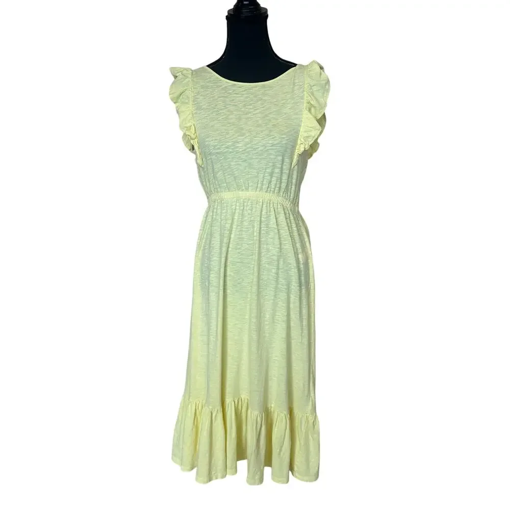BA&SH Yellow Prairie Midi Dress SMALL Cottage Tiered Ruffle Cotton Designer $220 - Picture 5 of 10